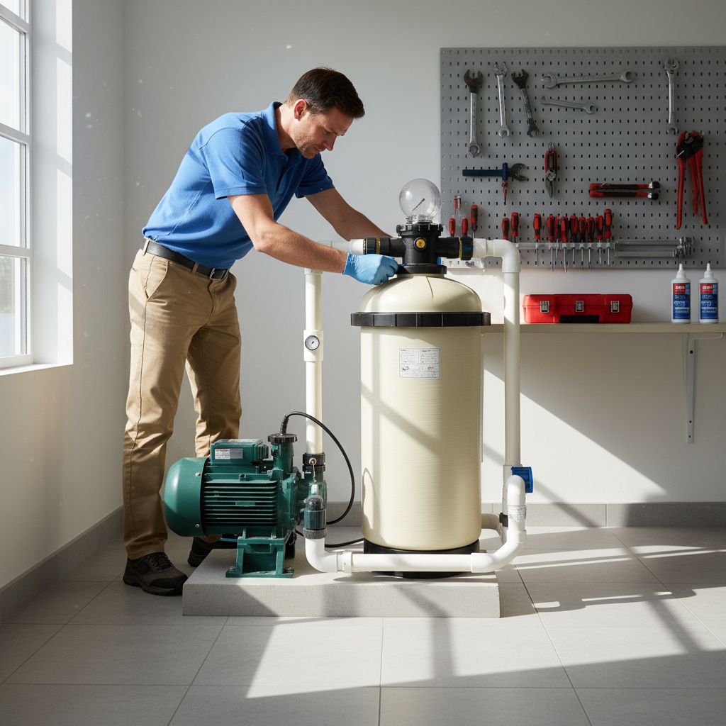 Techniker prüft Poolfilteranlage